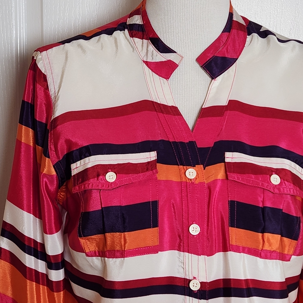Coupe Collection Womens Large Button Up Blouse Roll Tab Sleeves Striped Pockets